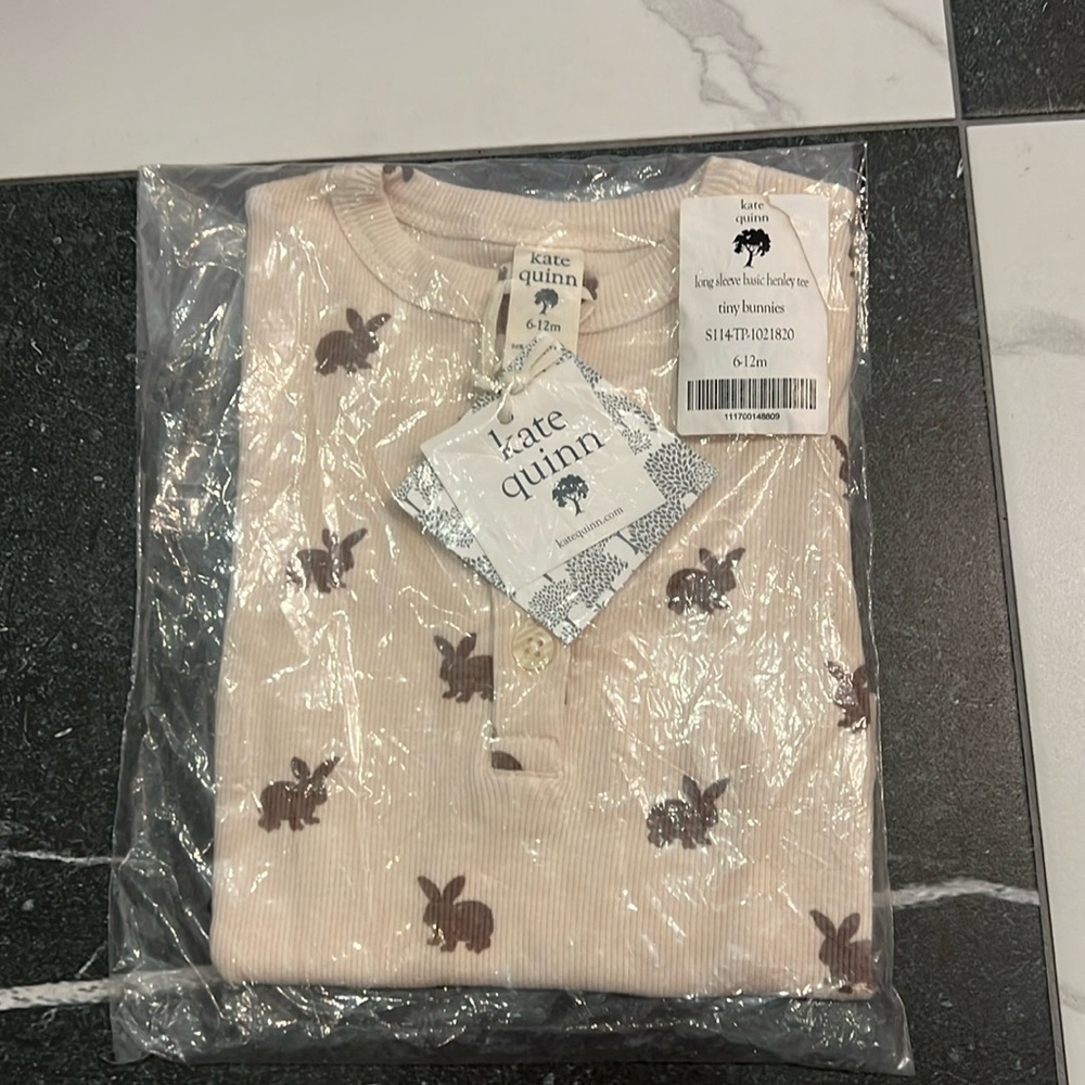 Kate Quinn Long Sleeve Basic Henley Tee w/ tiny bunnies 6-12m NWT